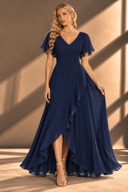 Flutter Sleeve Chiffon Bridesmaid Dress — V-Neck Gown with Asymmetric Ruffle Hem