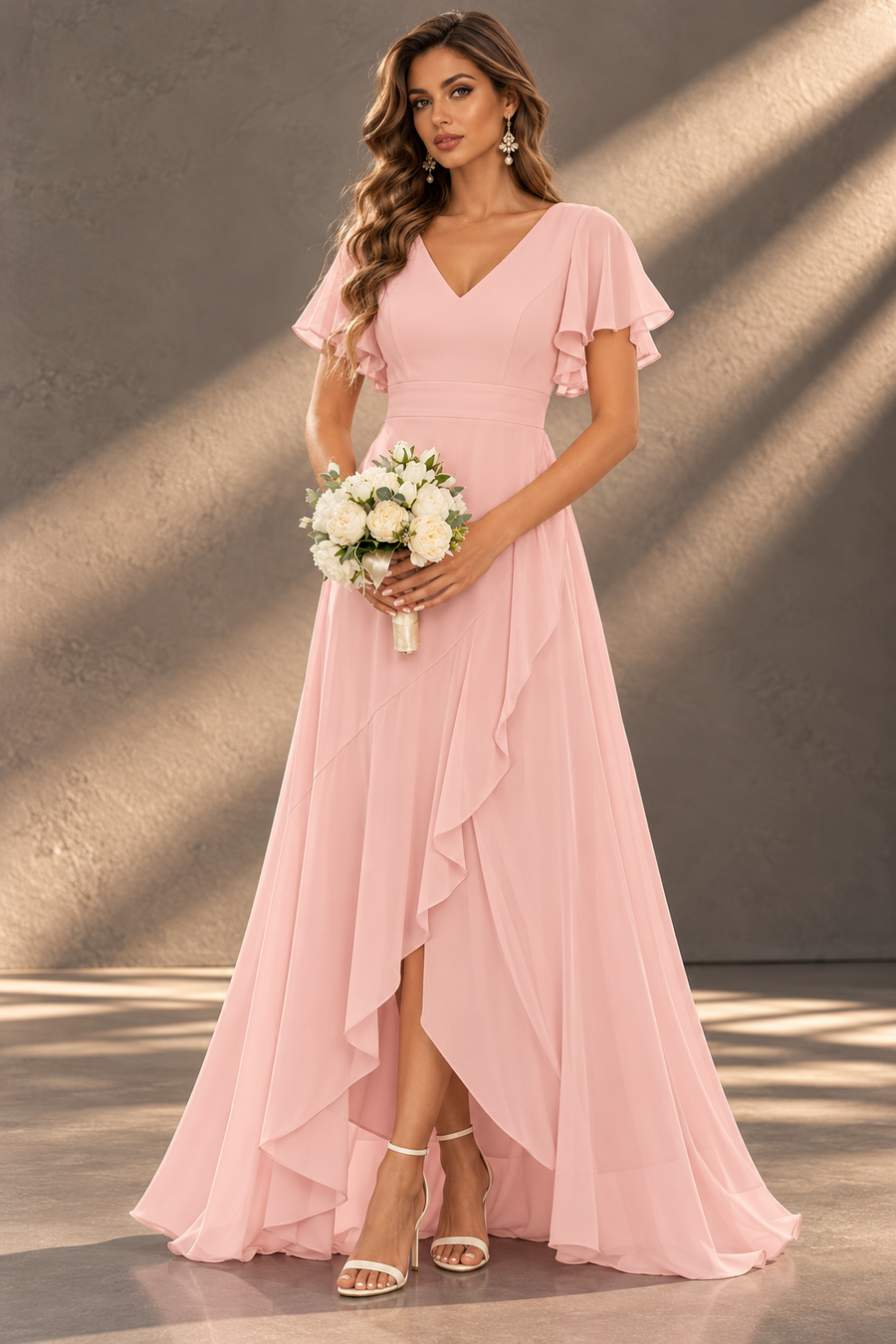 Flutter Sleeve Chiffon Bridesmaid Dress — V-Neck Gown with Asymmetric Ruffle Hem