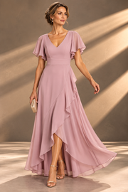 Flutter Sleeve Chiffon Bridesmaid Dress — V-Neck Gown with Asymmetric Ruffle Hem
