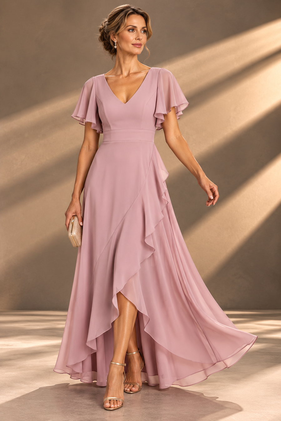 Flutter Sleeve Chiffon Bridesmaid Dress — V-Neck Gown with Asymmetric Ruffle Hem