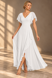 Flutter Sleeve Chiffon Bridesmaid Dress — V-Neck Gown with Asymmetric Ruffle Hem