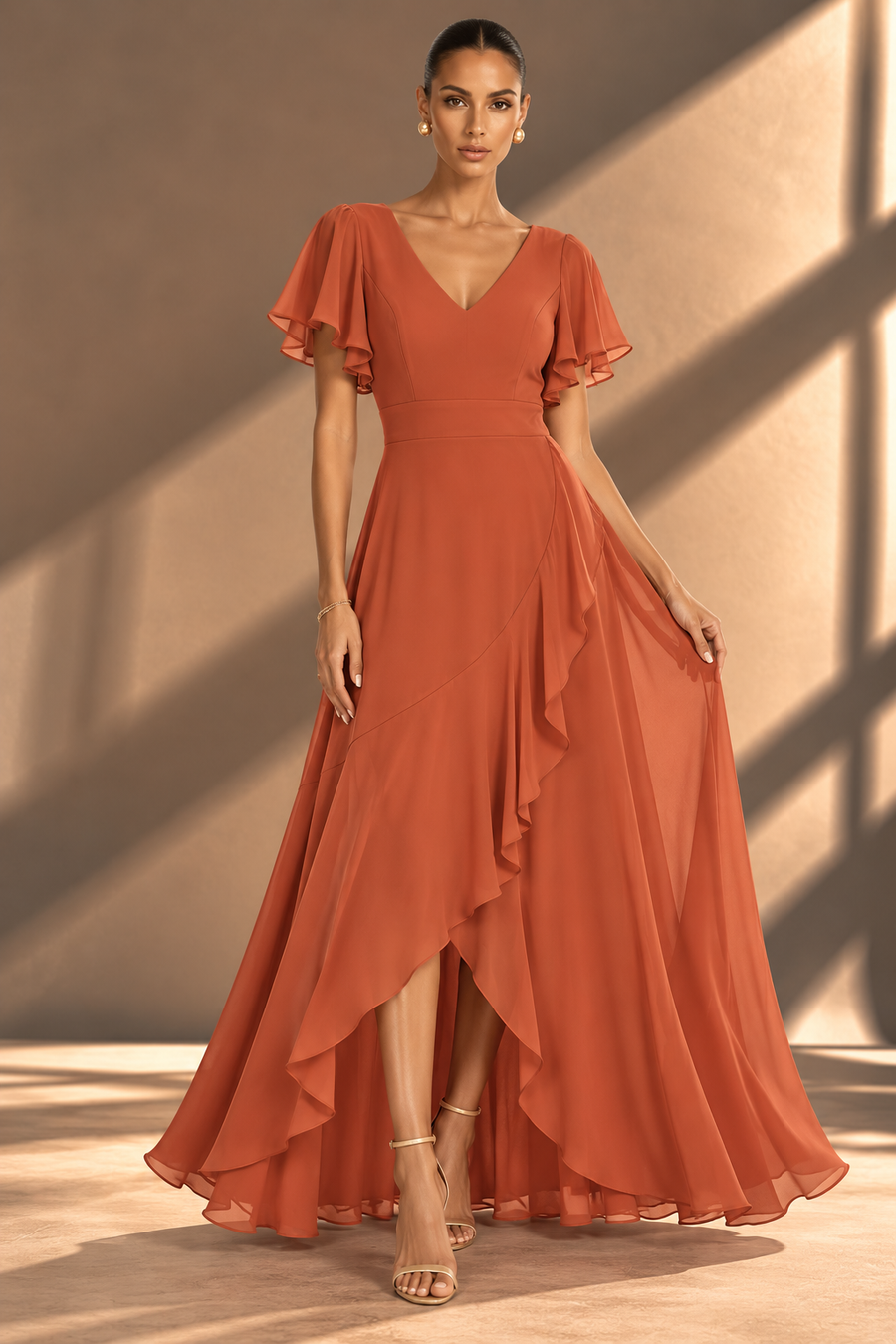 Flutter Sleeve Chiffon Bridesmaid Dress — V-Neck Gown with Asymmetric Ruffle Hem