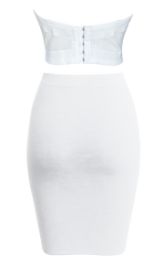 Ivory Lace Corset & Pearl White Midi Skirt Set – 3D Floral Elegant 2-Piece