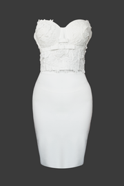 Ivory Lace Corset & Pearl White Midi Skirt Set – 3D Floral Elegant 2-Piece