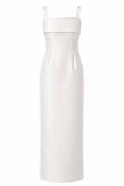 Ivory satin column dress with square neckline and back slit for special occasions