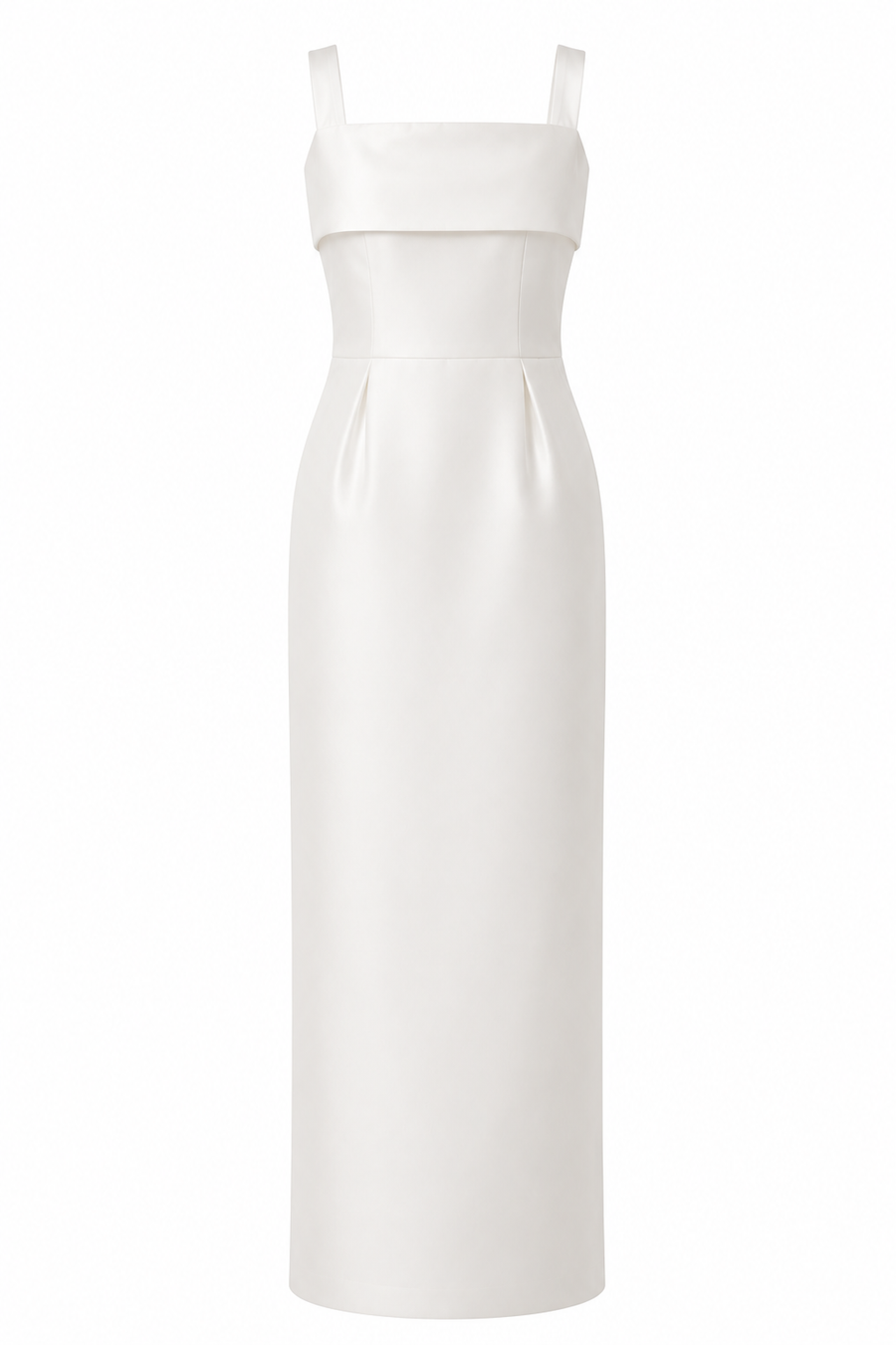 Ivory satin column dress with square neckline and back slit for special occasions