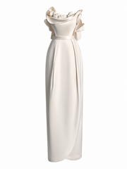 Ivory Sculpted Satin Evening Gown - French Minimalist Draped Couture Dress