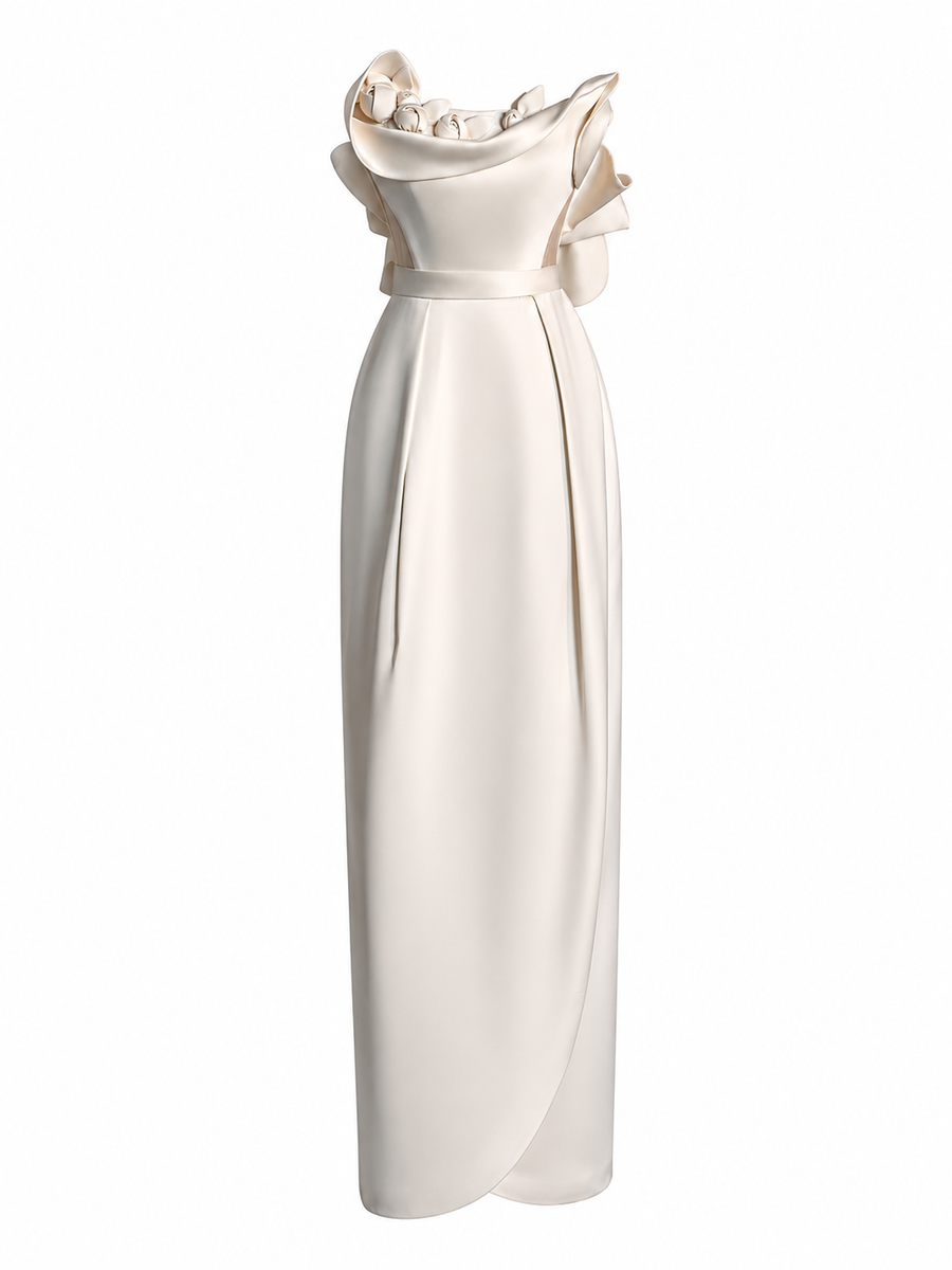 Ivory Sculpted Satin Evening Gown - French Minimalist Draped Couture Dress