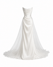 Ivory Whisper Satin Bridal Gown - Ethereal Draped Corset Wedding Dress with Sheer Cathedral Train