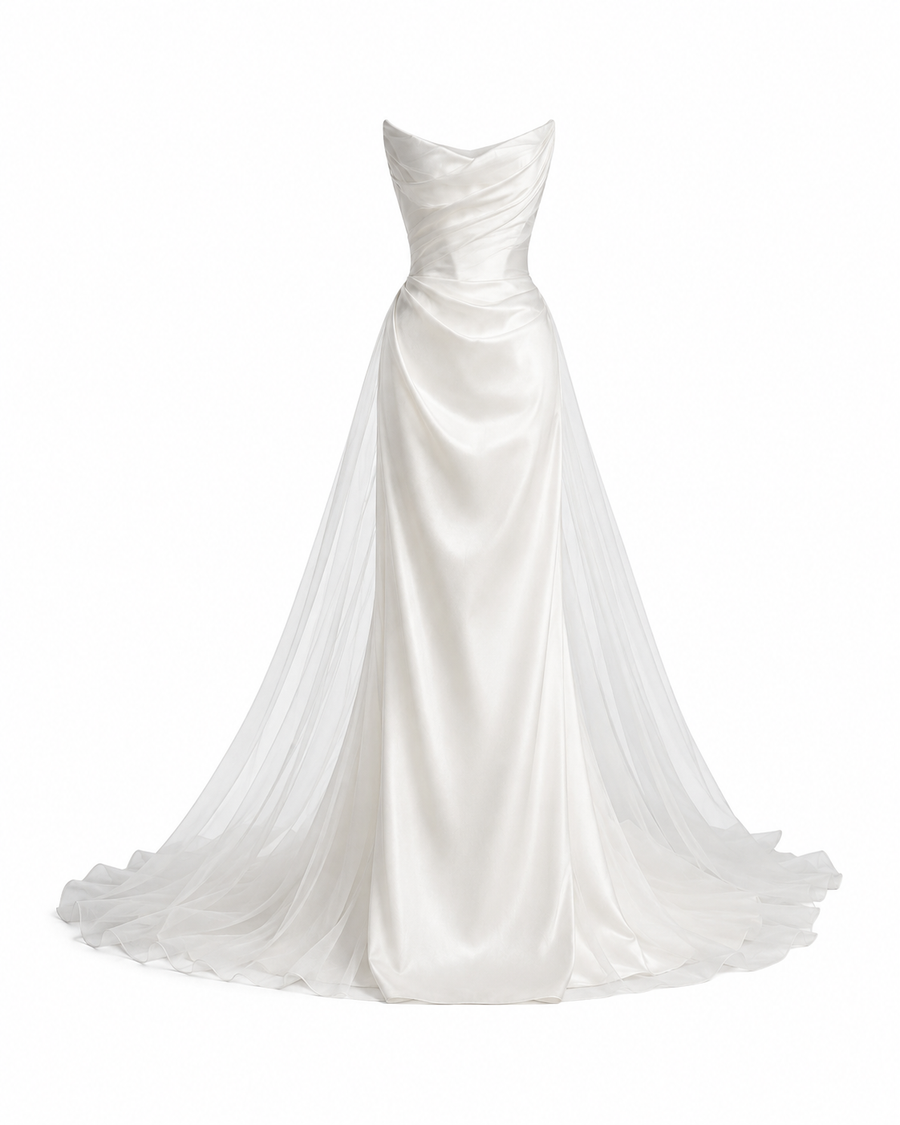 Ivory Whisper Satin Bridal Gown - Ethereal Draped Corset Wedding Dress with Sheer Cathedral Train