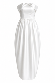 Ivory Satin Off-Shoulder Bubble Hem Dress - Elegant Sculpted Ankle-Length Evening Gown