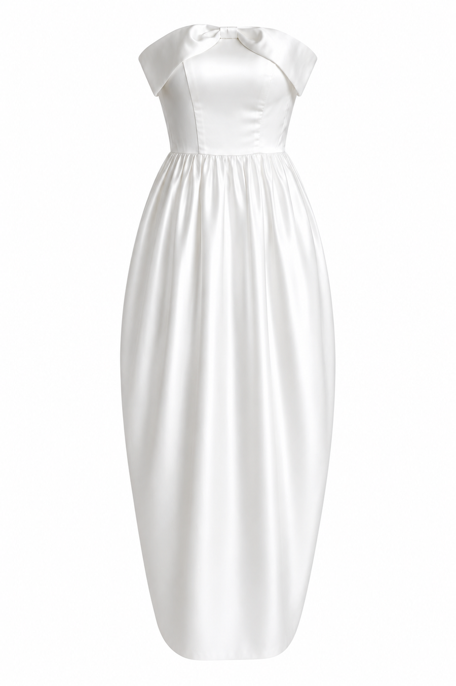 Ivory Satin Off-Shoulder Bubble Hem Dress - Elegant Sculpted Ankle-Length Evening Gown