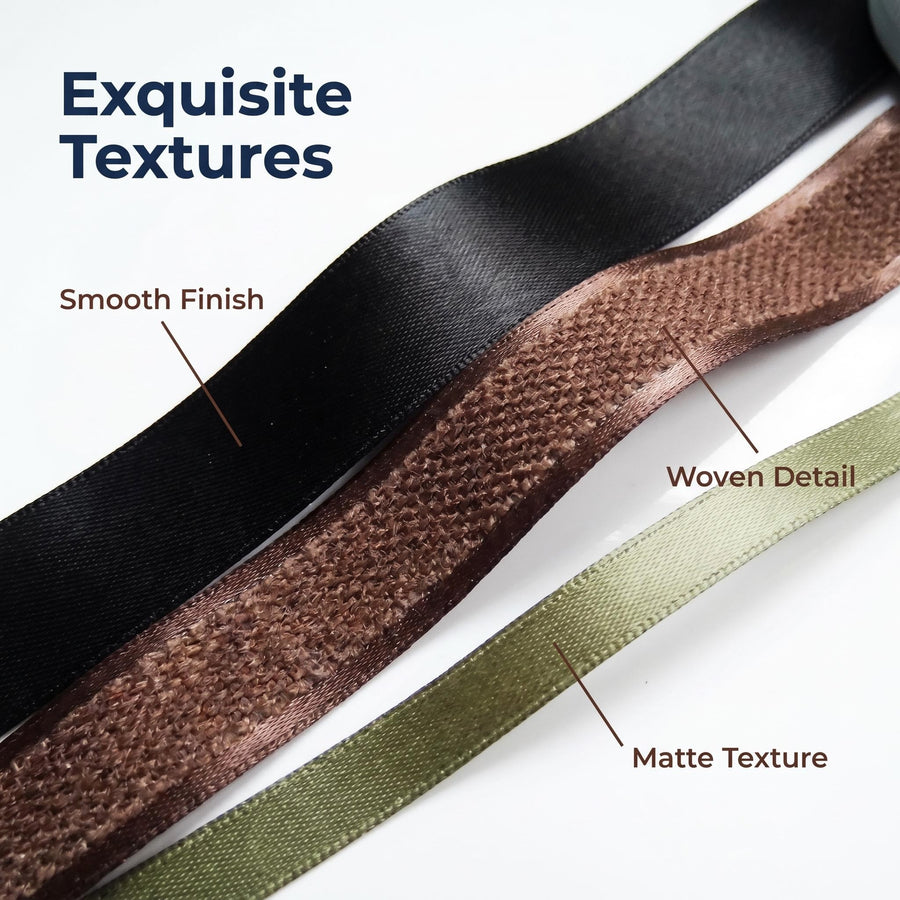 Elegant Black, Coffee & Green Ribbon Trio Set – Luxury Satin & Fine Woven Decorative Ribbon Bundle for Fashion & Gift Styling