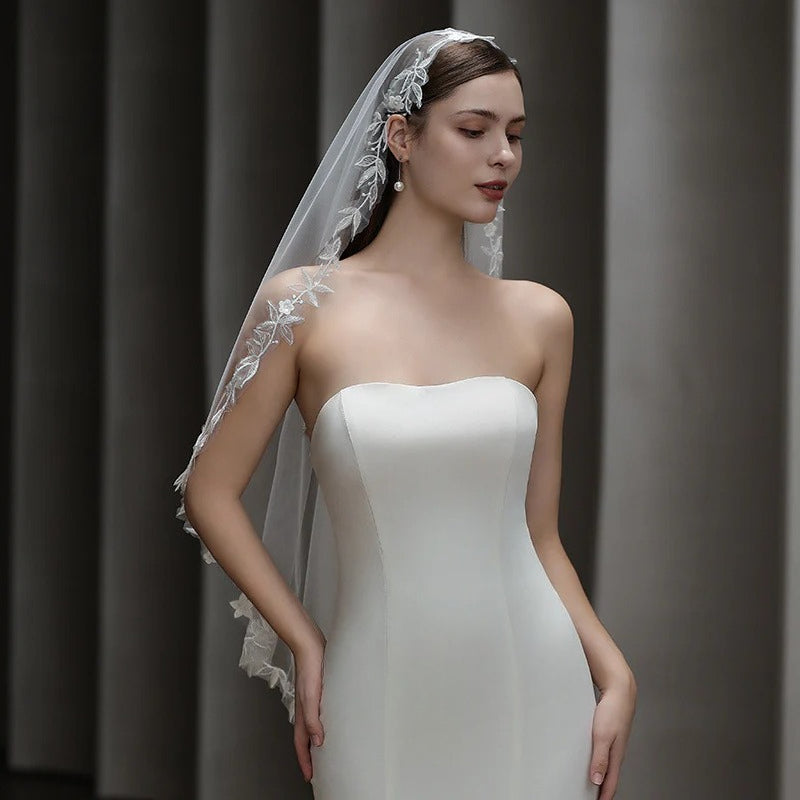 European vintage French lace bridal veil made of soft chiffon tulle, lightweight and elegant wedding headpiece