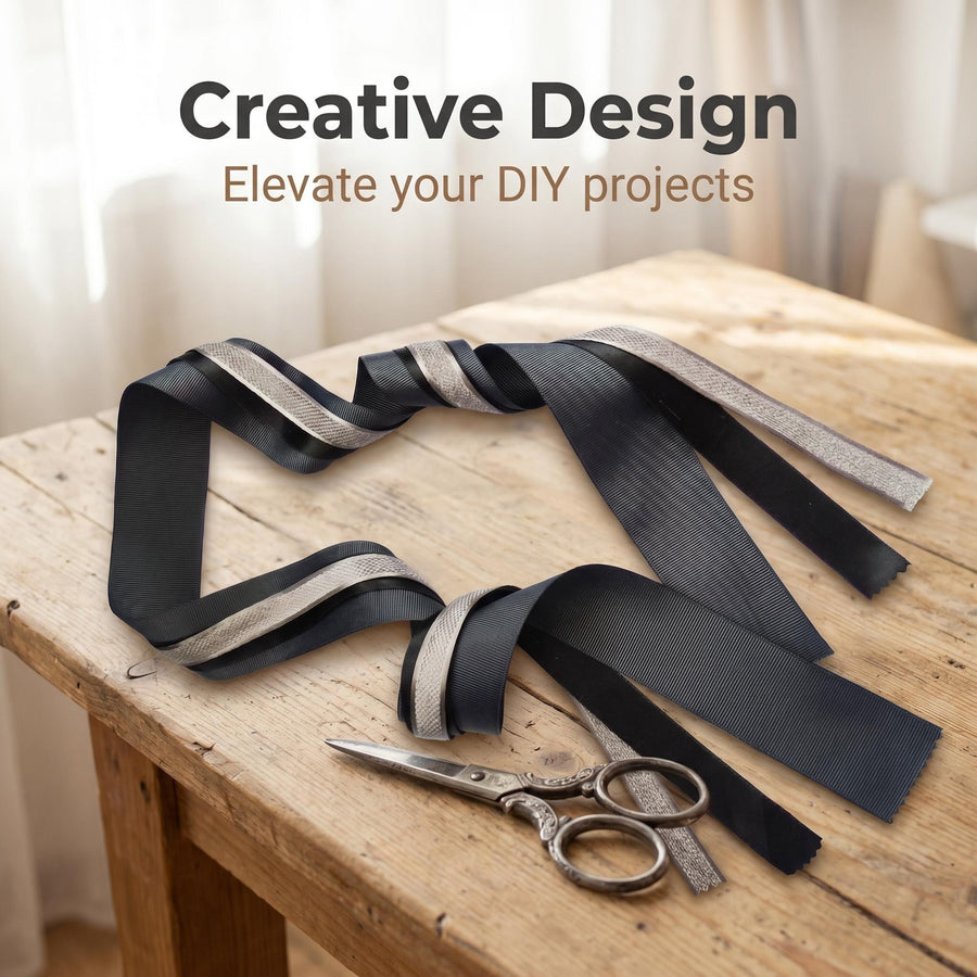 Elegant Charcoal & Black Ribbon Trio Set – Luxury Grosgrain Satin & Woven Decorative Ribbon Bundle