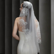 Dramatic lace bridal veil made of soft chiffon tulle, long and semi-sheer wedding headpiece with hair tie