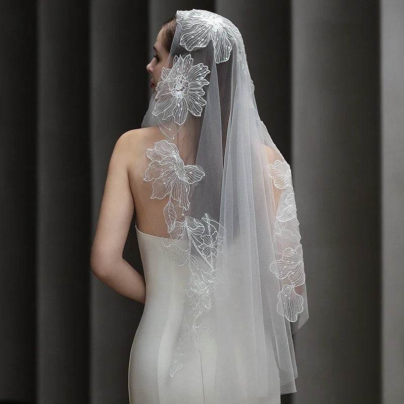 Dramatic lace bridal veil made of soft chiffon tulle, long and semi-sheer wedding headpiece with hair tie
