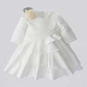 Girls vintage white flower girl dress with jacquard satin bodice and layered tulle skirt for weddings and special occasions