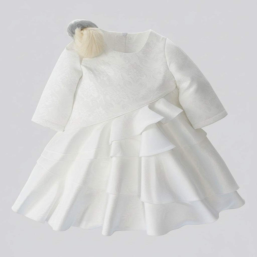 Girls vintage white flower girl dress with jacquard satin bodice and layered tulle skirt for weddings and special occasions