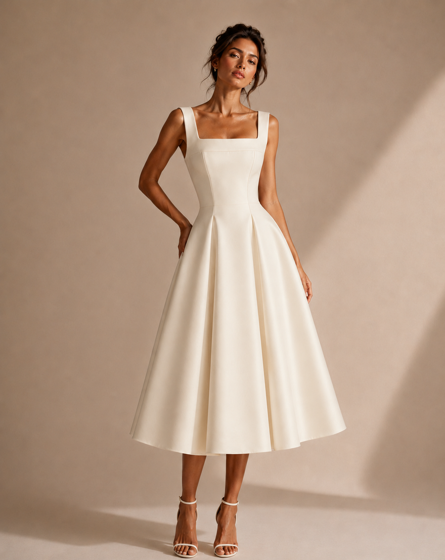 Ivory Sculpted Midi Dress - Architectural Elegance in Motion