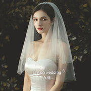 Beaded lace trim short bridal veil with bow on soft tulle
