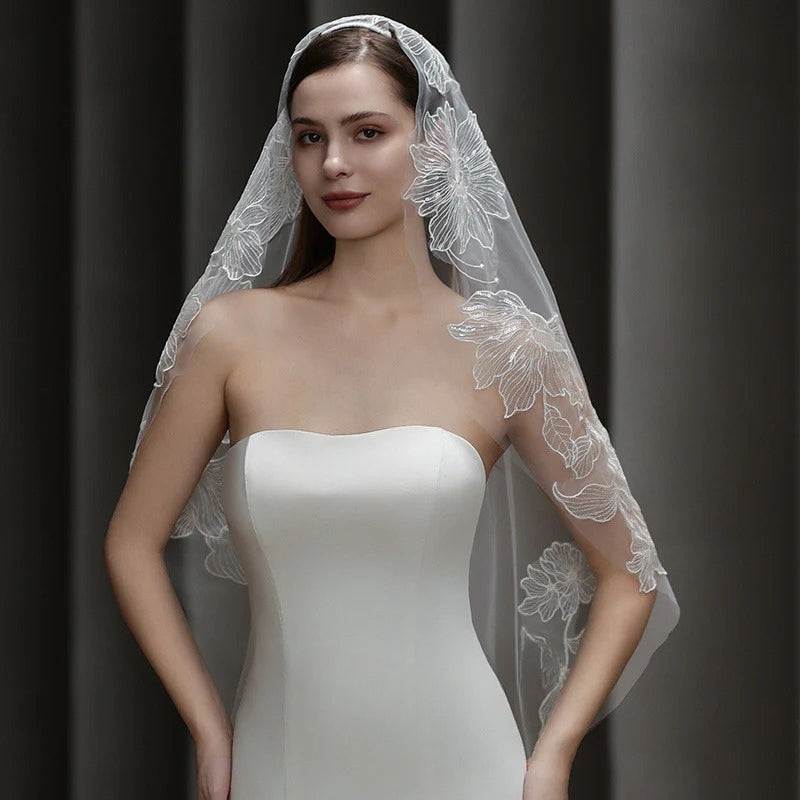 Dramatic lace bridal veil made of soft chiffon tulle with hair tie, long and semi-sheer wedding headpiece
