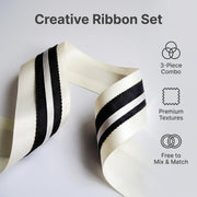 Elegant Cream Yellow & Black Lace Satin Ribbon Trio Set – Luxury Decorative Ribbon Bundle for Fashion & Gift Styling