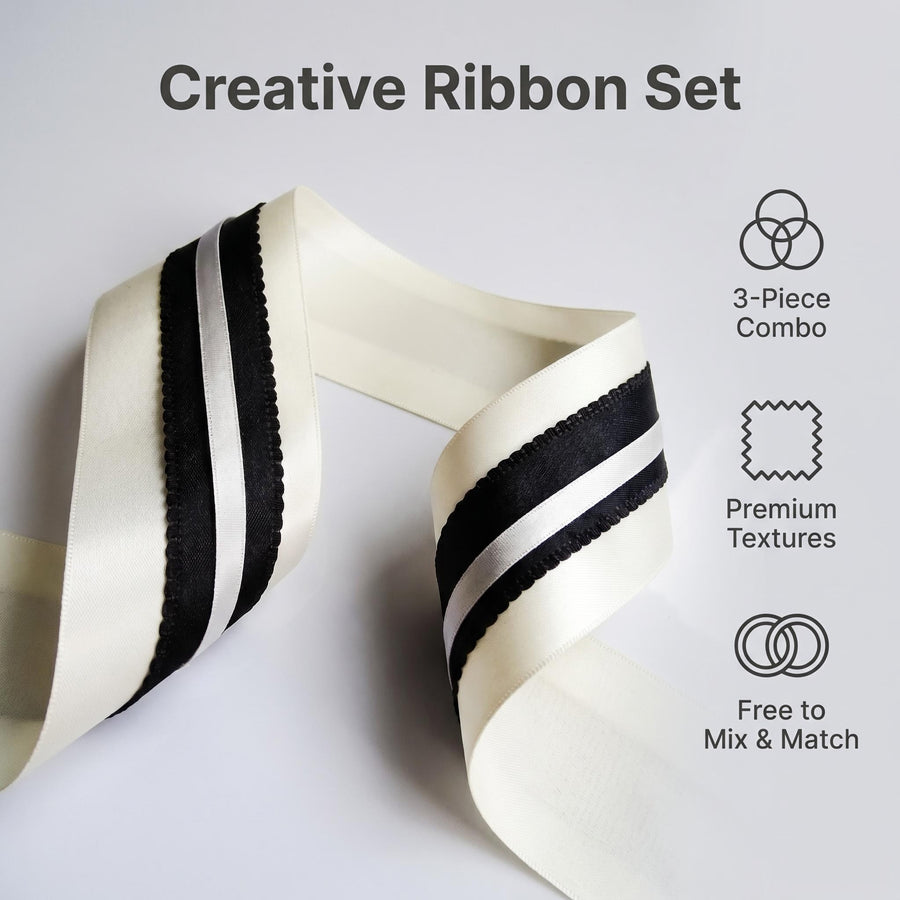 Elegant Cream Yellow & Black Lace Satin Ribbon Trio Set – Luxury Decorative Ribbon Bundle for Fashion & Gift Styling
