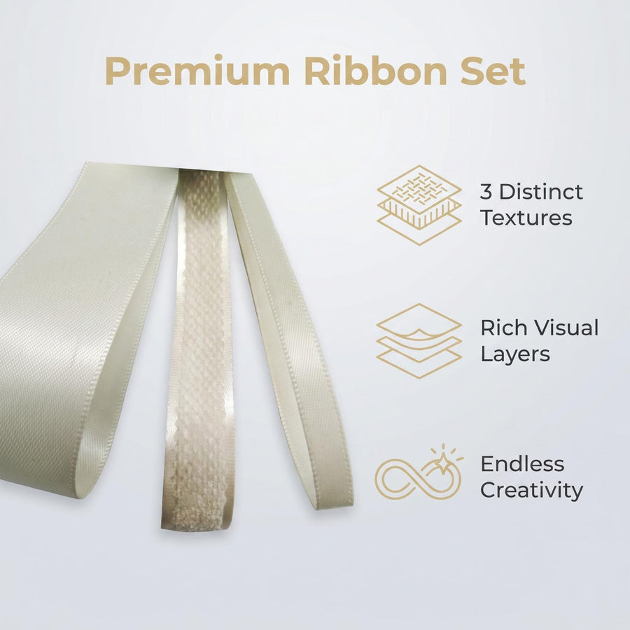 Elegant Cream Satin Ribbon Trio Set – Butter Yellow, Soft Gold & Ivory Decorative Ribbons for Gift Wrapping, Fashion Styling & Luxury DIY Crafts