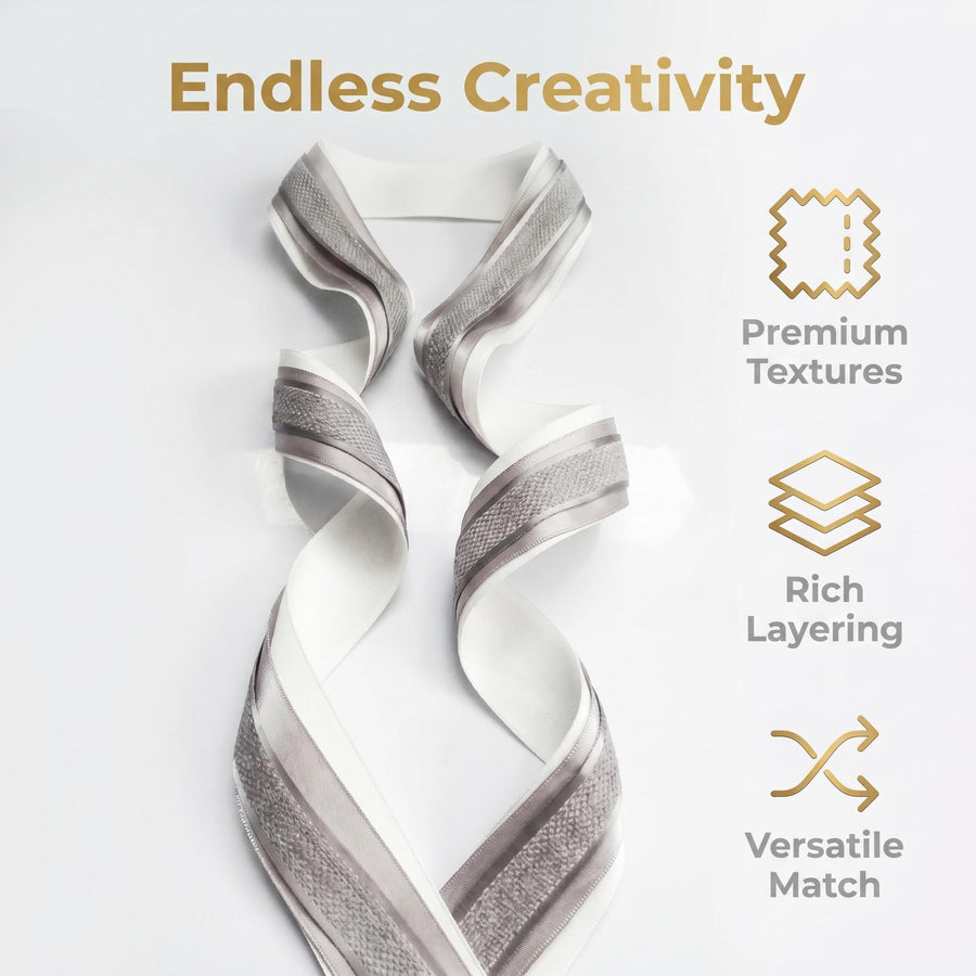 Elegant Cream & Grey Ribbon Trio Set – Luxury Satin & Woven Decorative Ribbon Bundle for Fashion, Gift Wrapping & Event Styling