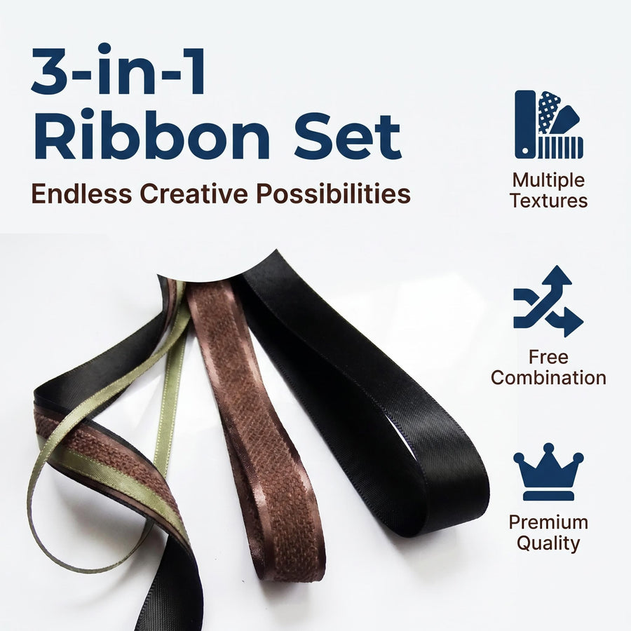 Elegant Black, Coffee & Green Ribbon Trio Set – Luxury Satin & Fine Woven Decorative Ribbon Bundle for Fashion & Gift Styling