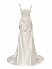 Elegant ivory satin corset bridal gown with pearl accents and flowing silhouette