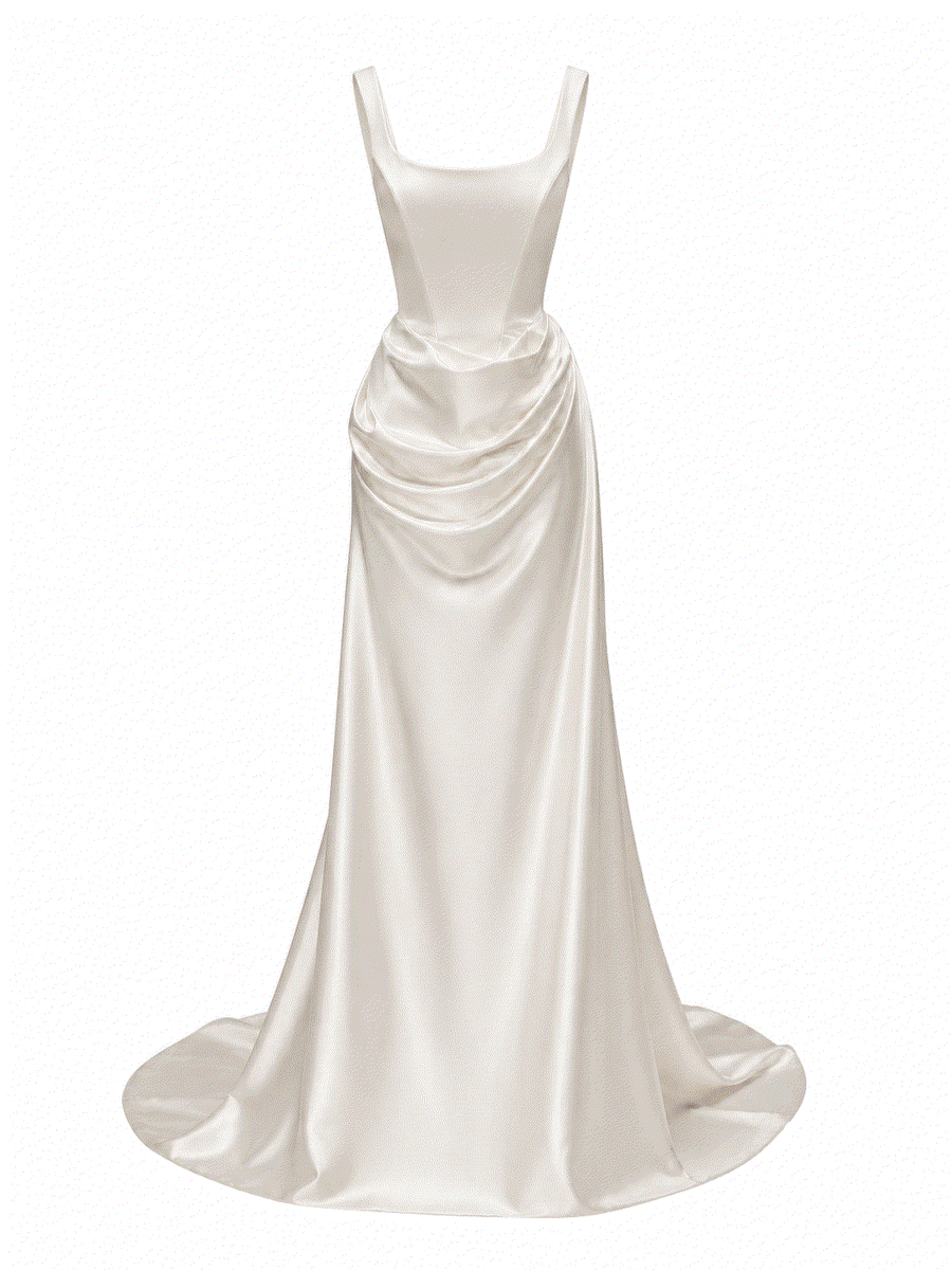 Elegant ivory satin corset bridal gown with pearl accents and flowing silhouette