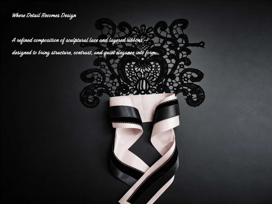 Blush structured lace set with black textured and grey layered ribbons featuring floral lace applique for elegant styling