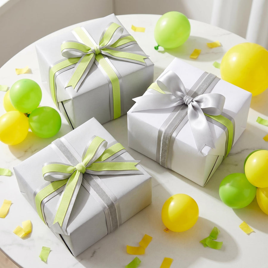 Elegant Silver Grey & Neon Yellow Ribbon Trio Set – Luxury Satin, Woven & Grosgrain Decorative Ribbon Collection