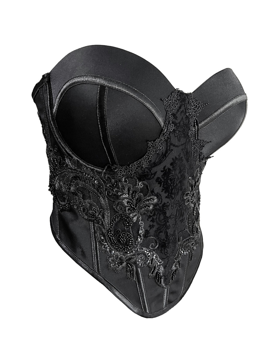 LALLORA Sculpting Black Corset Top – Hand-Beaded Satin Bustier