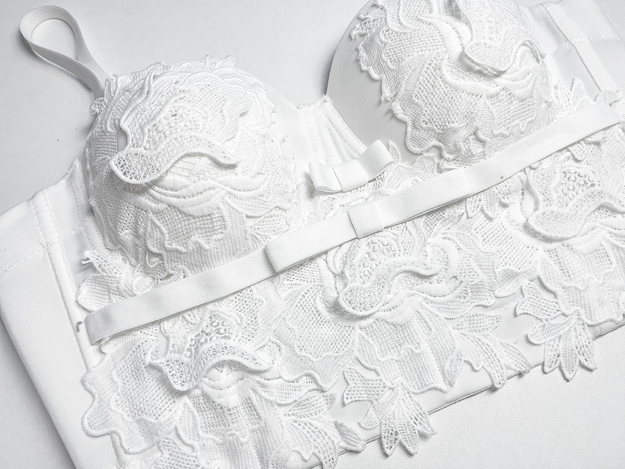 Ivory Lace Corset & Pearl White Midi Skirt Set – 3D Floral Elegant 2-Piece