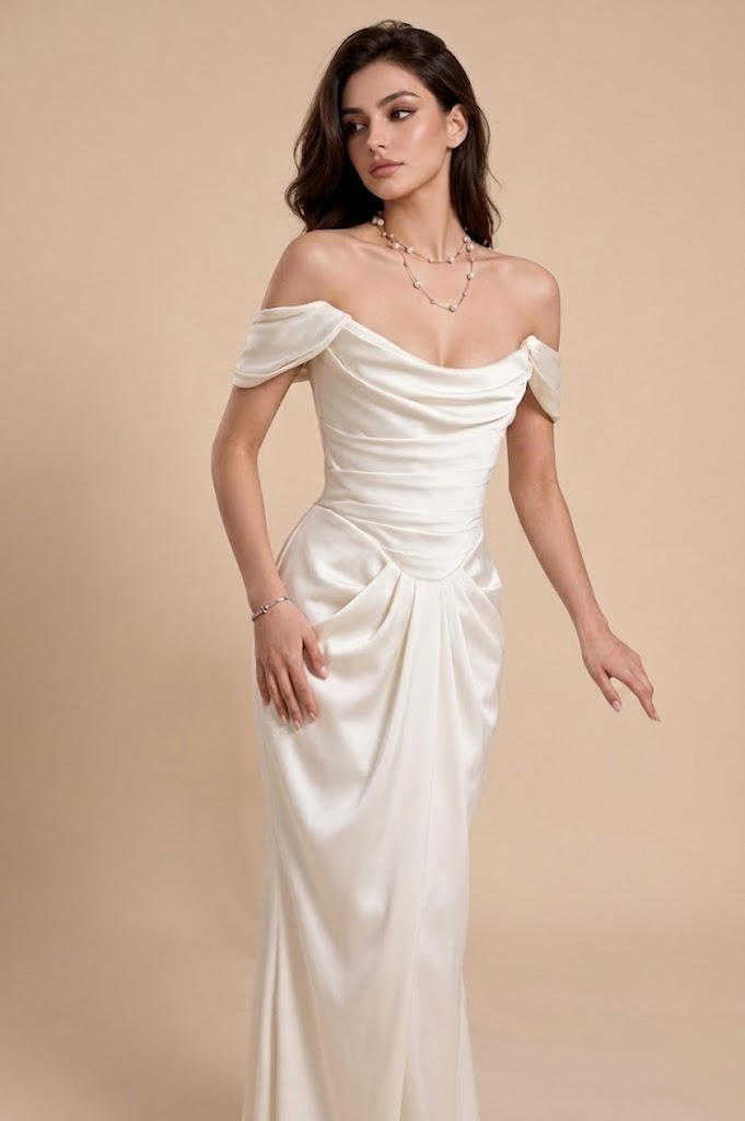 LALLORA Vintage Off Shoulder Satin Wedding Dress – Old Money Bridal Gown with Draped Train