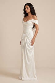Ivory Satin Off-Shoulder Wedding Gown - Draped Bodice & Extended Train Elegance