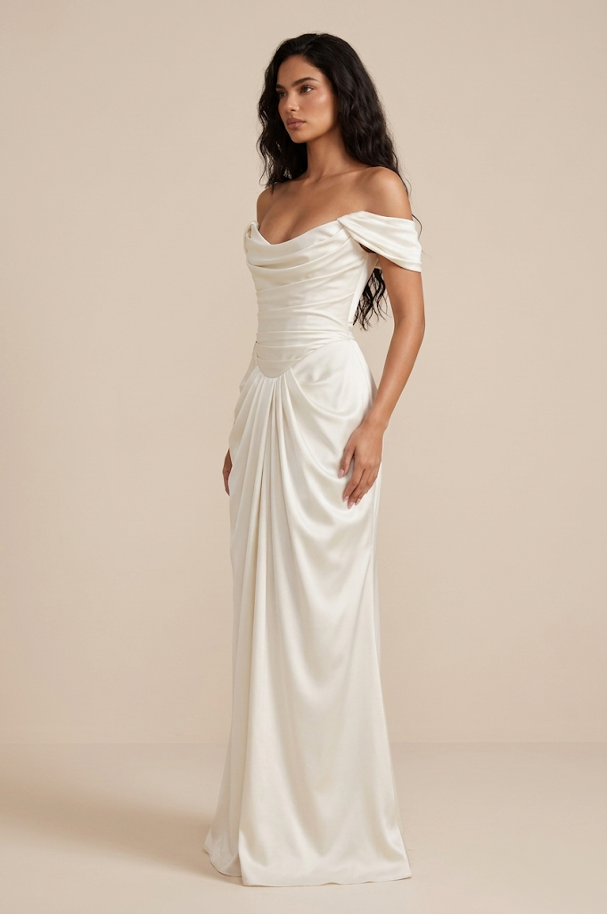 Ivory Satin Off-Shoulder Wedding Gown - Draped Bodice & Extended Train Elegance