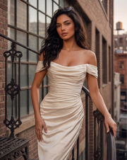 Ivory Satin Off-Shoulder Wedding Gown - Draped Bodice & Extended Train Elegance
