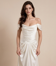Ivory Satin Off-Shoulder Wedding Gown - Draped Bodice & Extended Train Elegance
