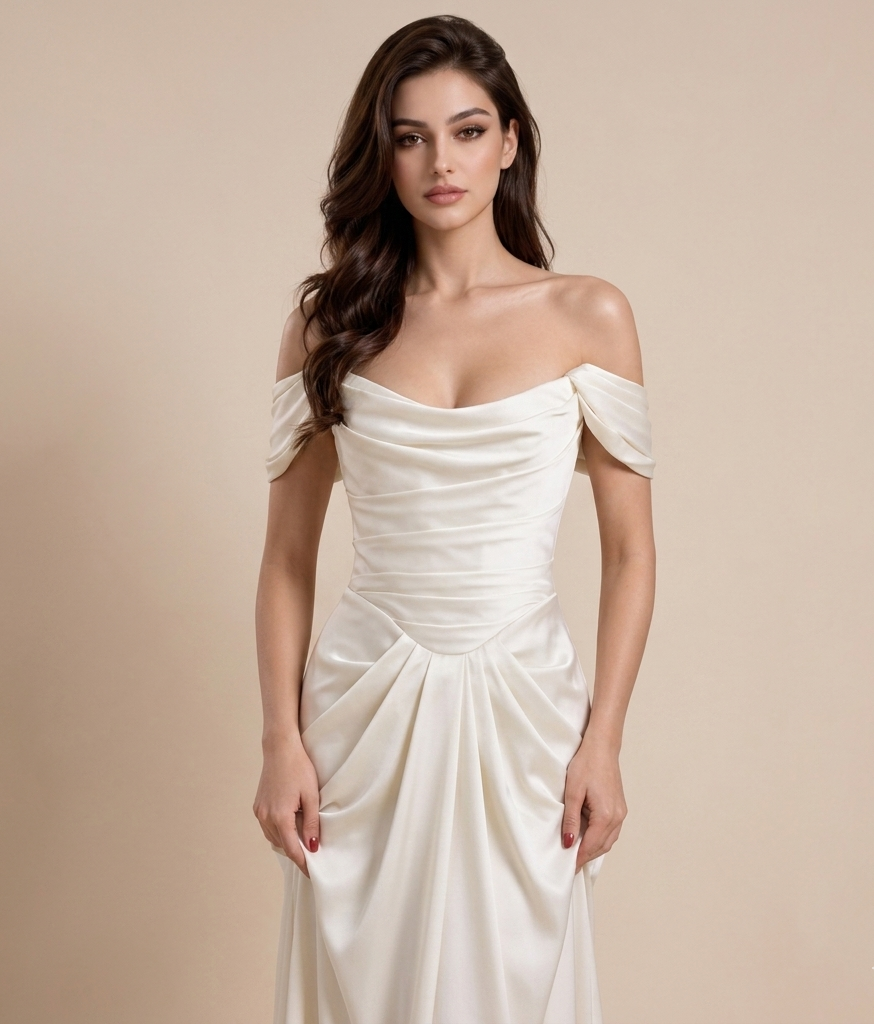 Ivory Satin Off-Shoulder Wedding Gown - Draped Bodice & Extended Train Elegance