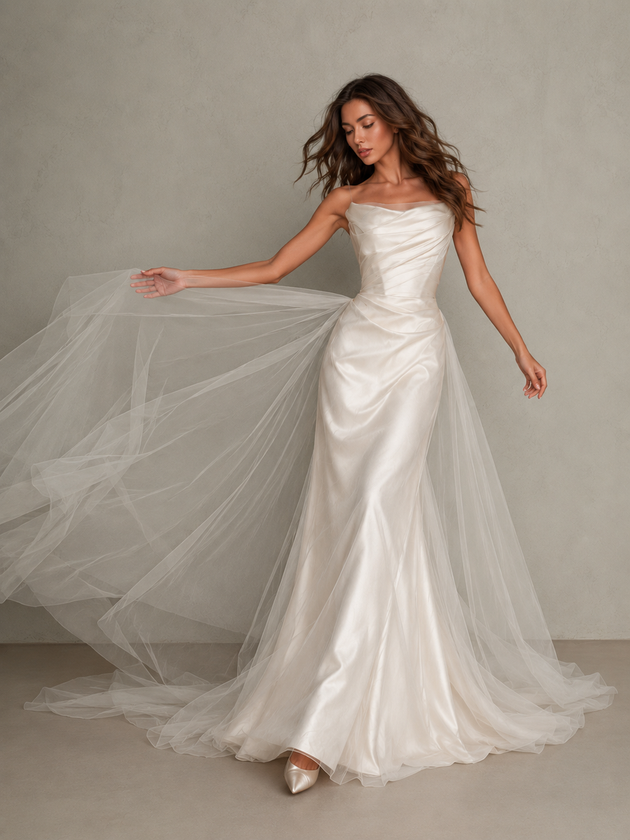 Ivory Whisper Satin Bridal Gown - Ethereal Draped Corset Wedding Dress with Sheer Cathedral Train