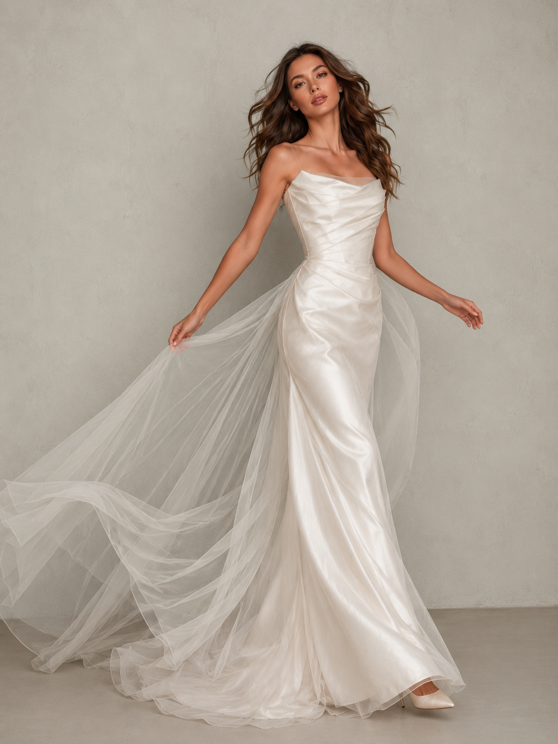 Ivory Whisper Satin Bridal Gown - Ethereal Draped Corset Wedding Dress with Sheer Cathedral Train
