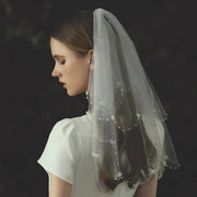 Korean Bow Bridal Veil double-layer beaded tulle wedding headpiece with metal comb on soft chiffon tulle