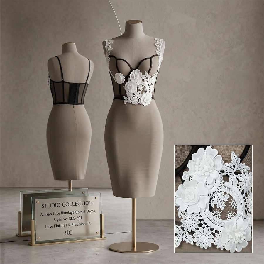 Sculptural Lace Corset & Skirt Set - Hand-Appliquéd Florals