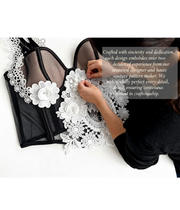Sculptural Lace Corset & Skirt Set - Hand-Appliquéd Florals
