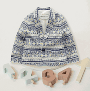 Boys blue floral cotton blazer with artistic print, size 110 for 4-5 years old, smart casual and wedding jacket.