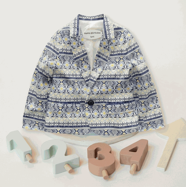 Boys blue floral cotton blazer with artistic print, size 110 for 4-5 years old, smart casual and wedding jacket.